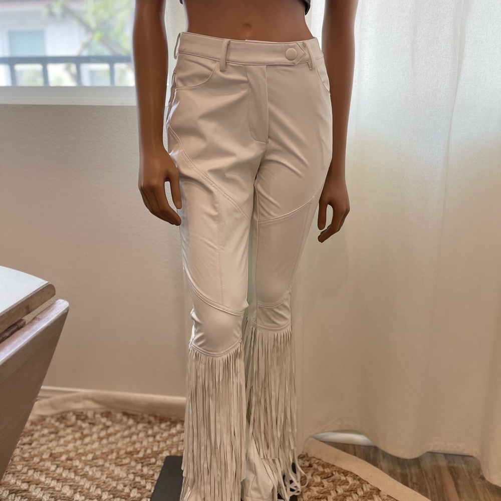 White Boot Cut Pants with Dramatic Fringe
